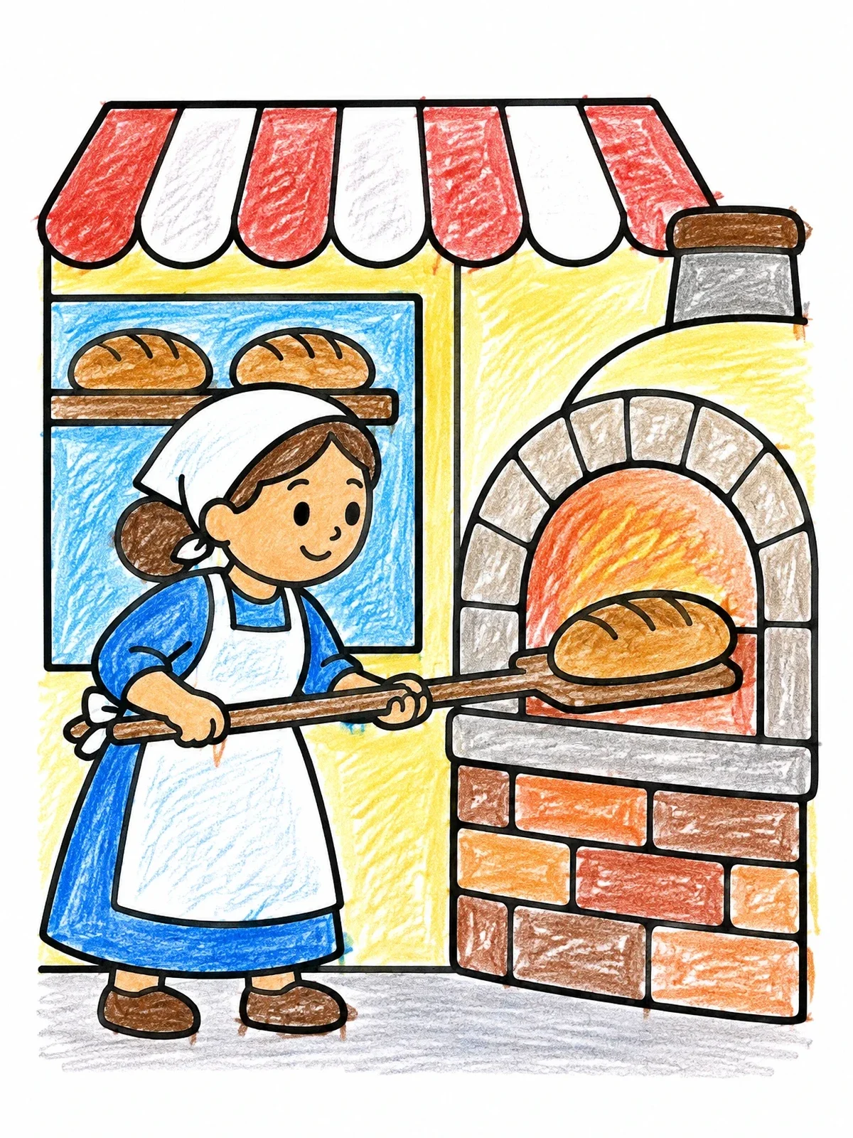 Colored example of the Baker Sliding Bread Into Brick Oven coloring page