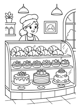 A cheerful baker stands near treats in this bakery coloring page.