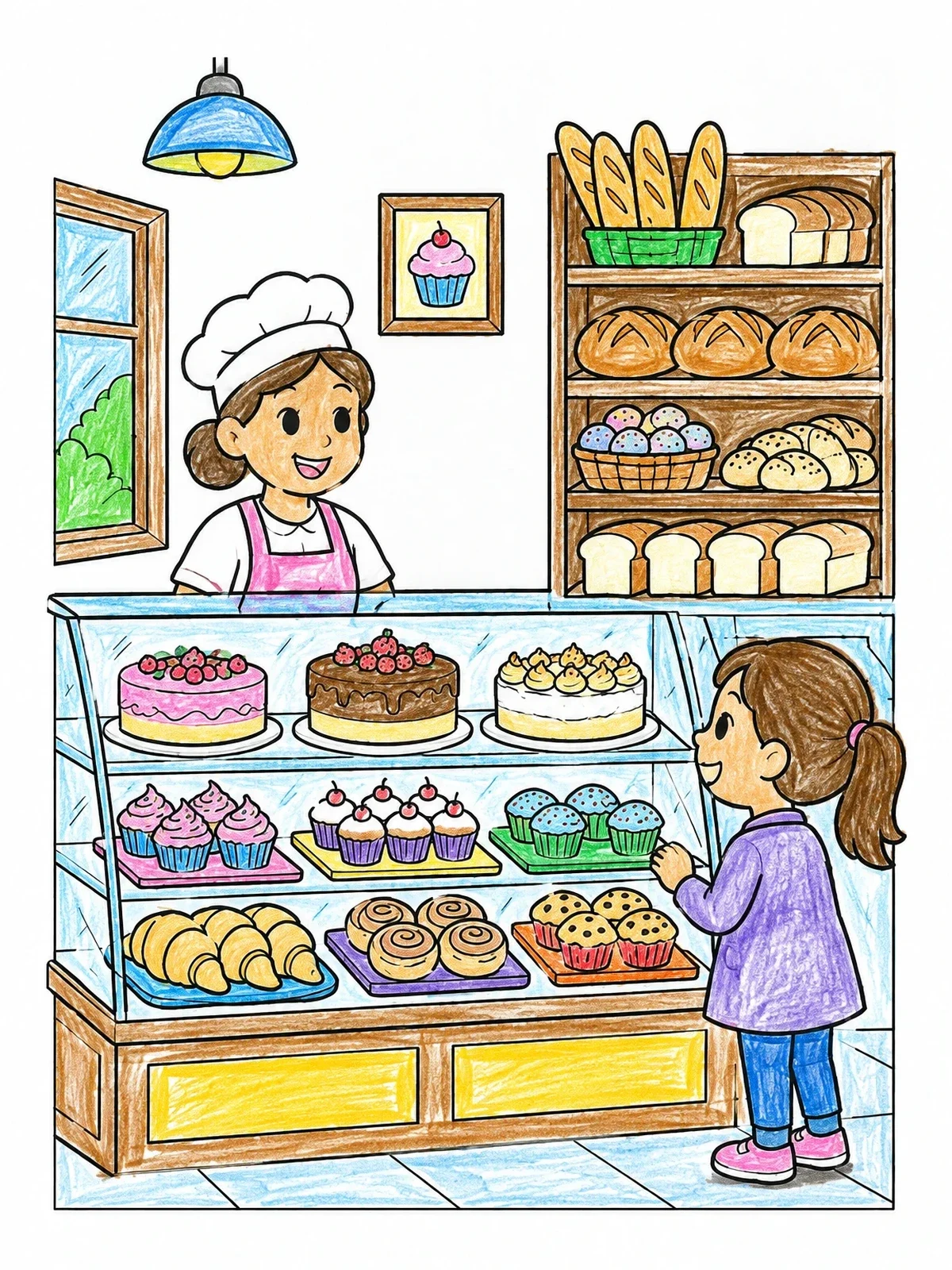 Colored example of the Baker Welcoming Child In Sweet Shop coloring page