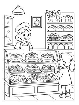Free printable Baker Welcoming Child In Sweet Shop coloring page