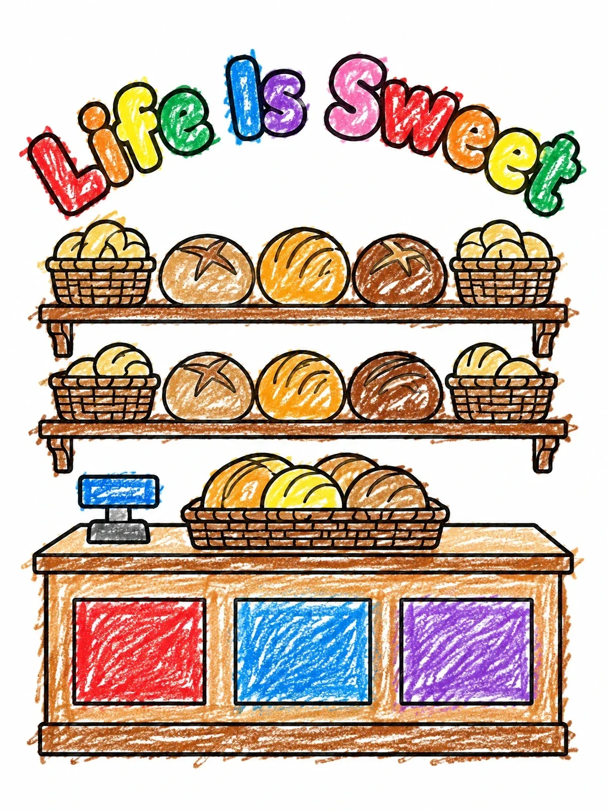 Colored example of the Bakery Bread Shelves And Counter coloring page