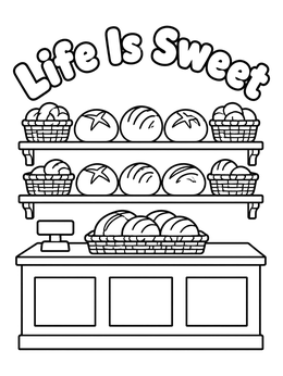 A bakery coloring page featuring shelves of fresh artisan bread and baskets behind a counter.