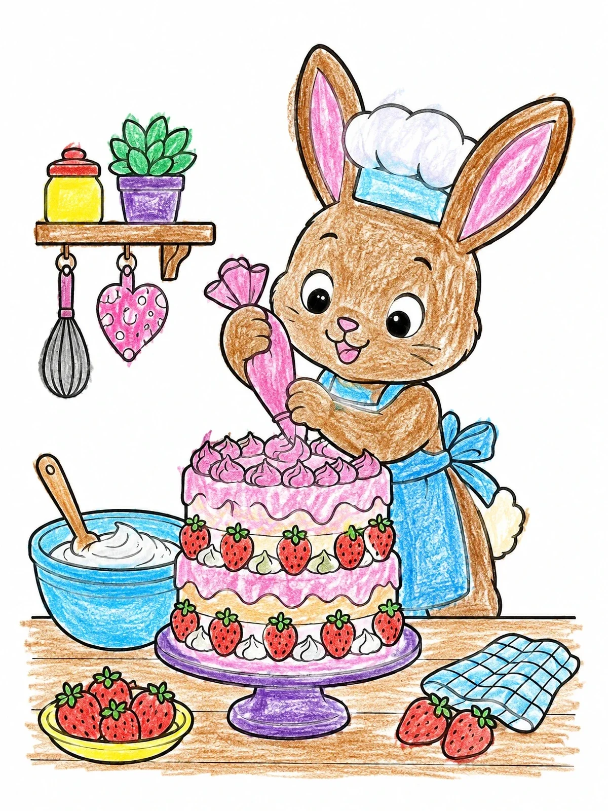 Colored example of the Bunny Decorating A Strawberry Cake coloring page