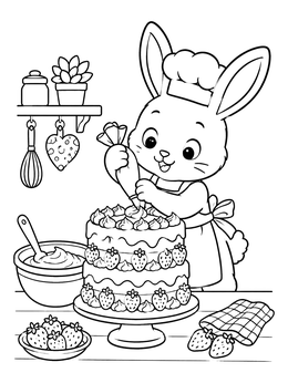 Free printable Bunny Decorating A Strawberry Cake coloring page