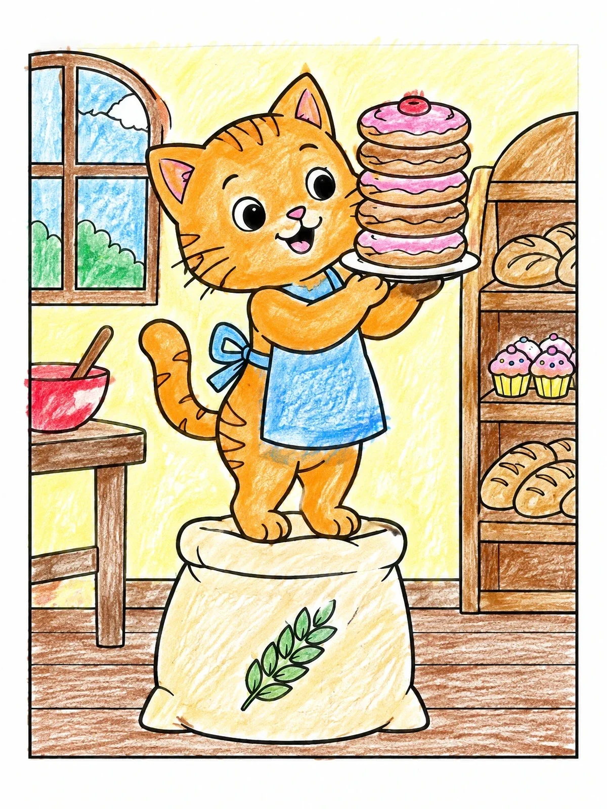 Colored example of the Cat Baker Balancing Pastries coloring page