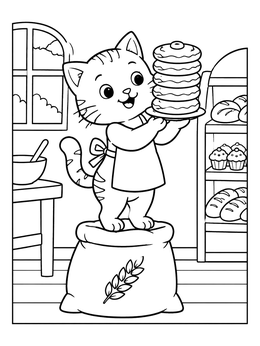 Free printable Cat Baker Balancing Pastries coloring page