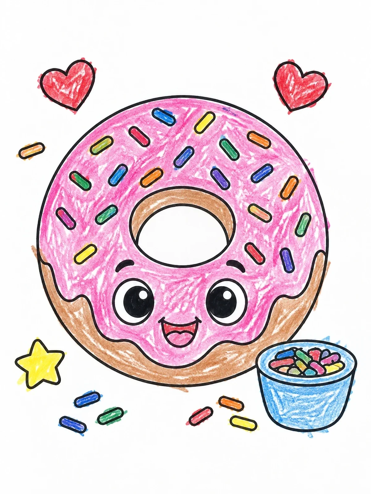 Colored example of the Cute Smiling Donut With Sprinkles coloring page