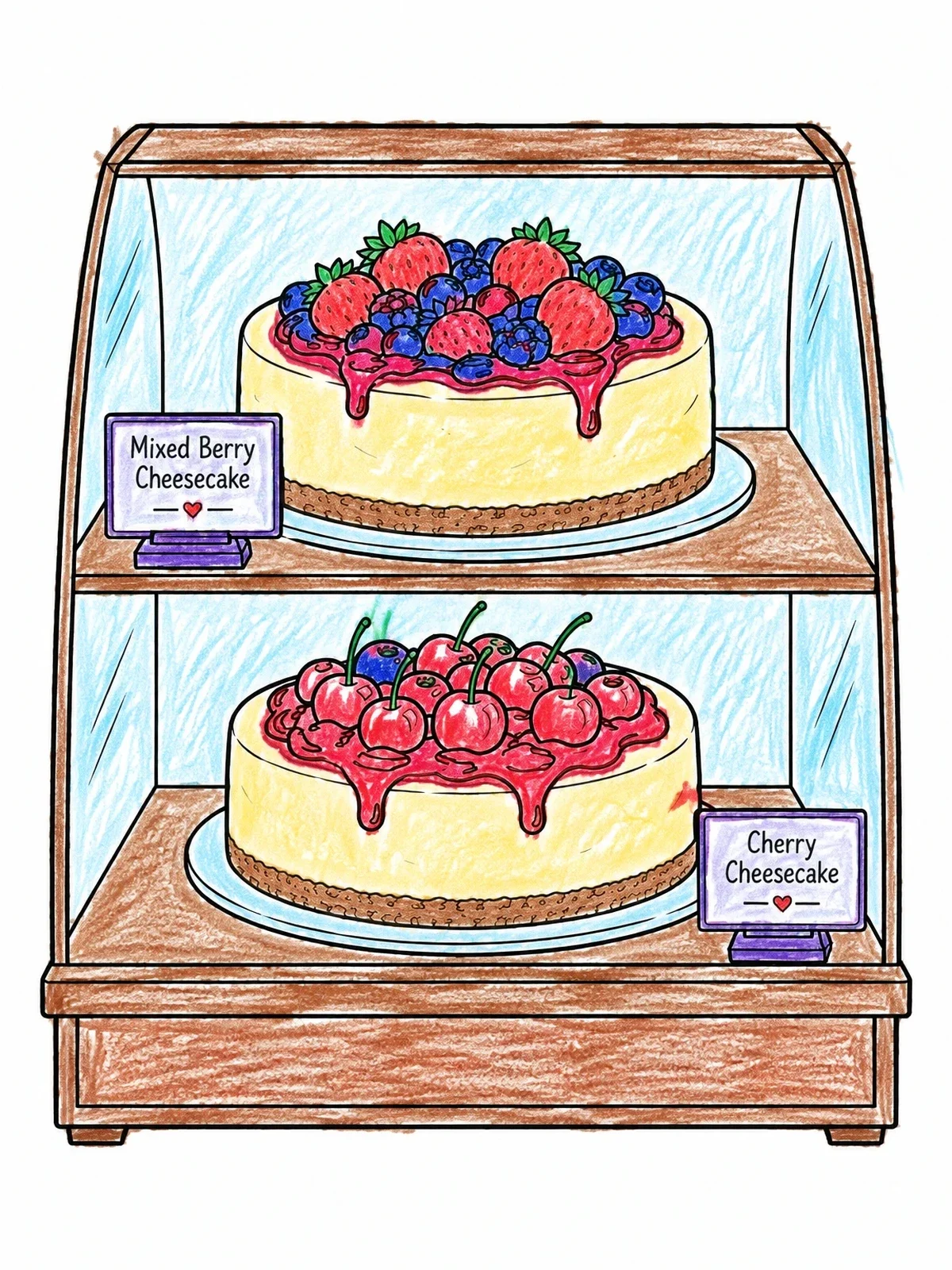 Colored example of the Bakery Display Case With Cheesecakes coloring page