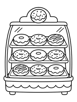 A glass bakery display filled with treats on this donut coloring page.