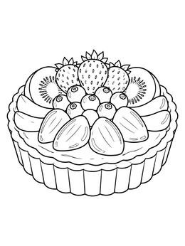 A delicious bakery coloring page featuring a fresh fruit tart with berries and kiwi.