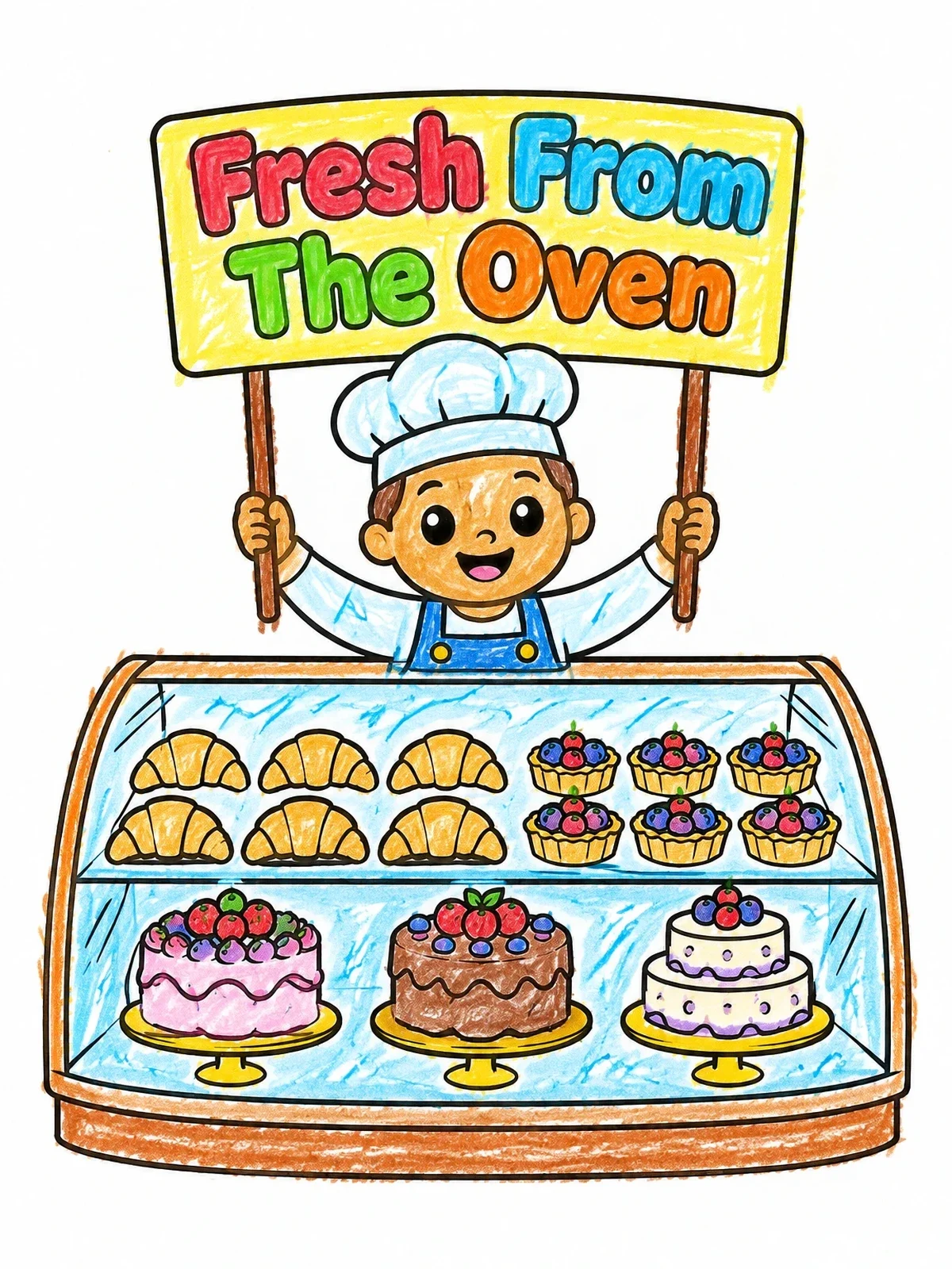 Colored example of the Little Baker At Pastry Display coloring page