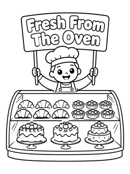 Free printable Little Baker At Pastry Display coloring page