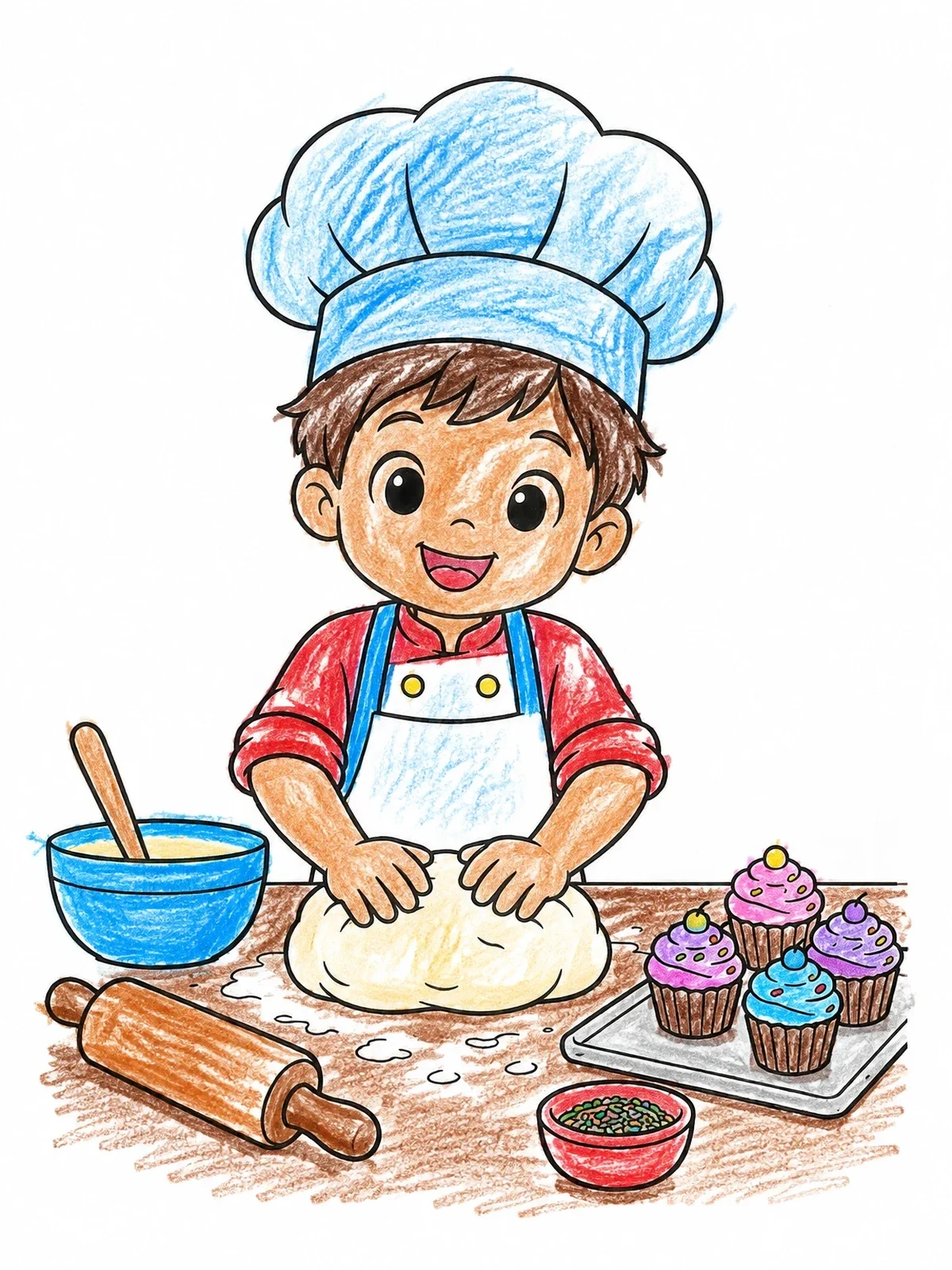 Colored example of the Little Baker Kneading Dough coloring page