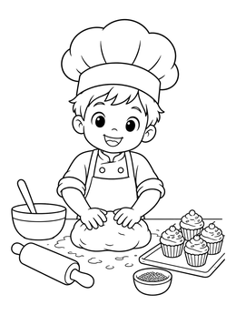 A cheerful boy in a chef hat kneads bread dough in this cute bakery coloring page with cupcakes nearby.