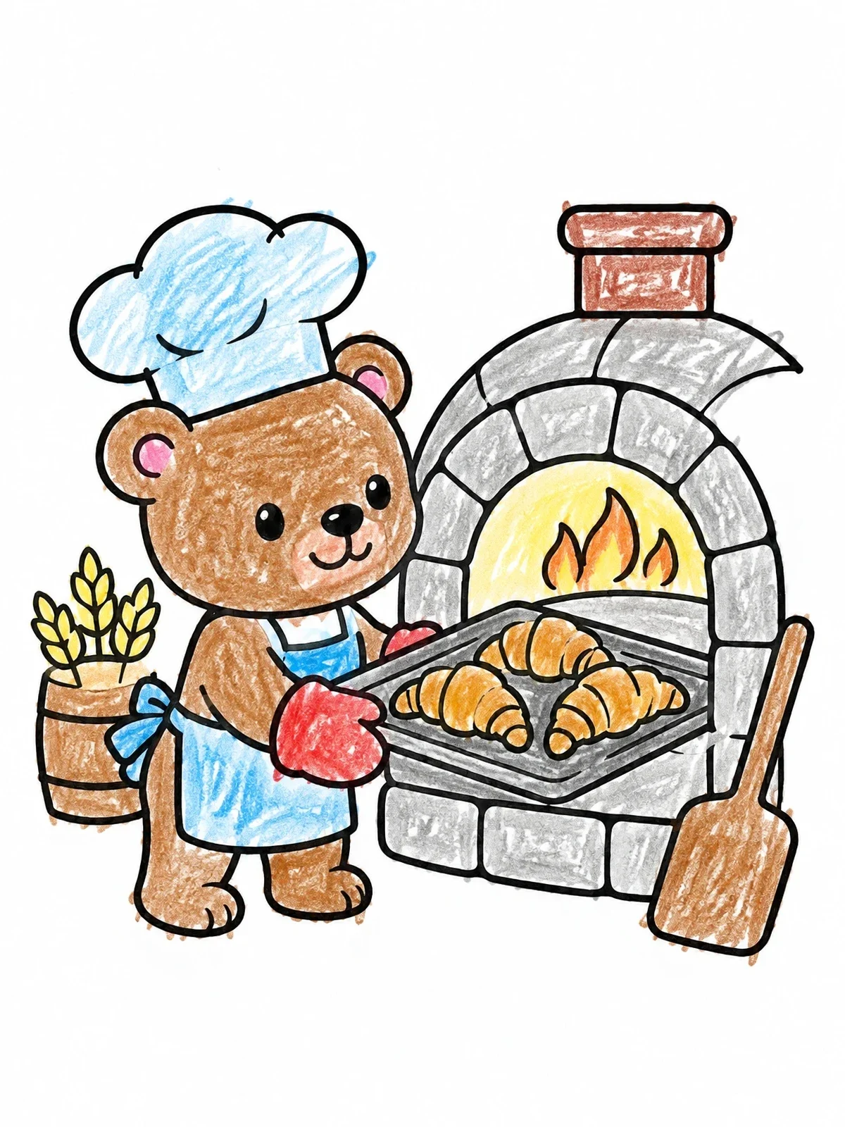 Colored example of the Little Bear Baker With Croissants coloring page