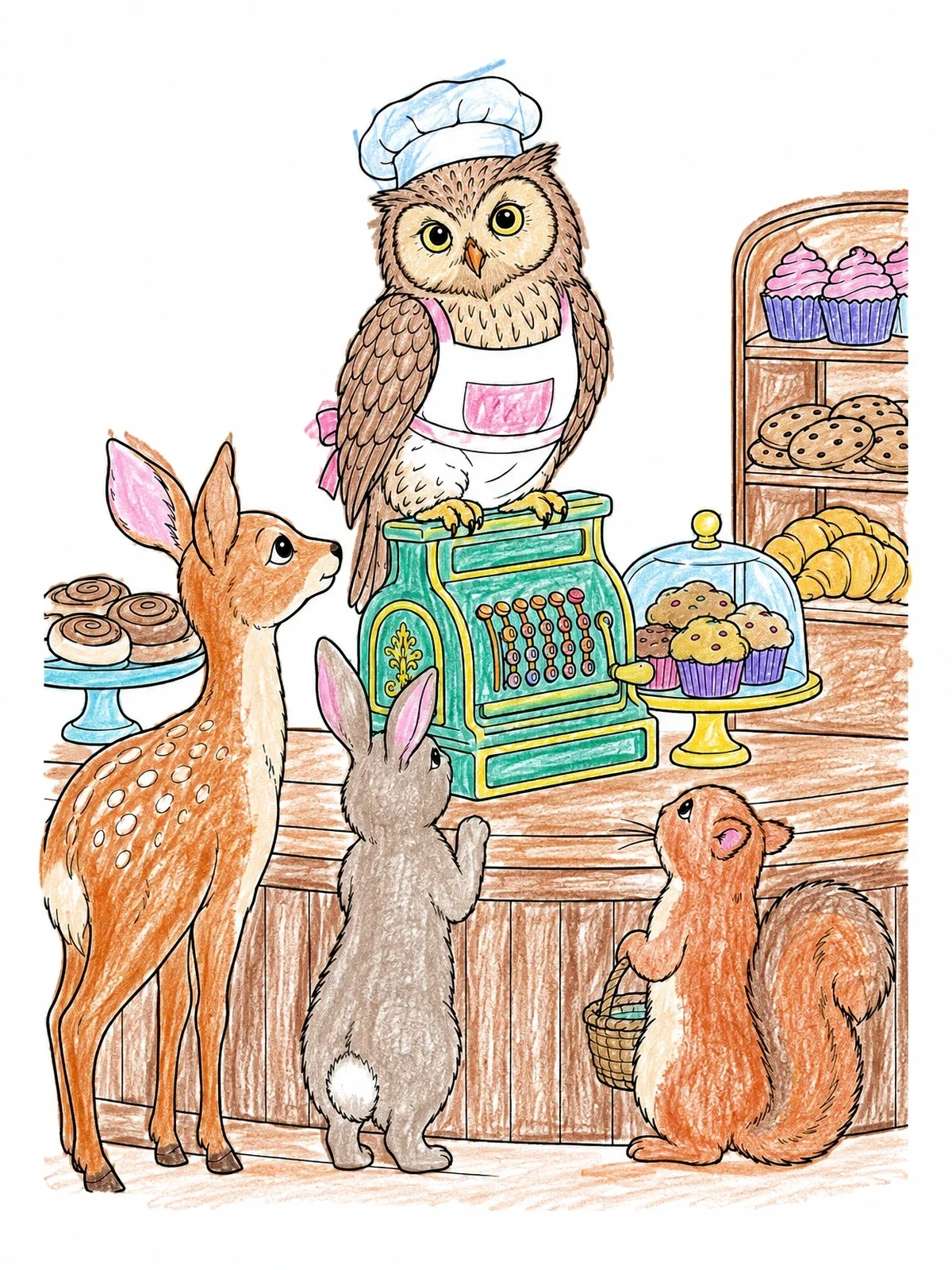Colored example of the Owl Baker And Woodland Customers coloring page