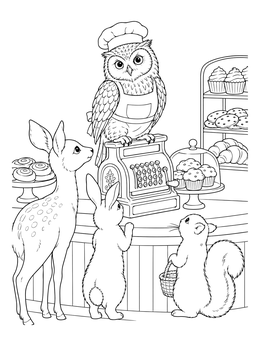 An owl baker perched on a vintage register serves forest animals on this bakery coloring page.