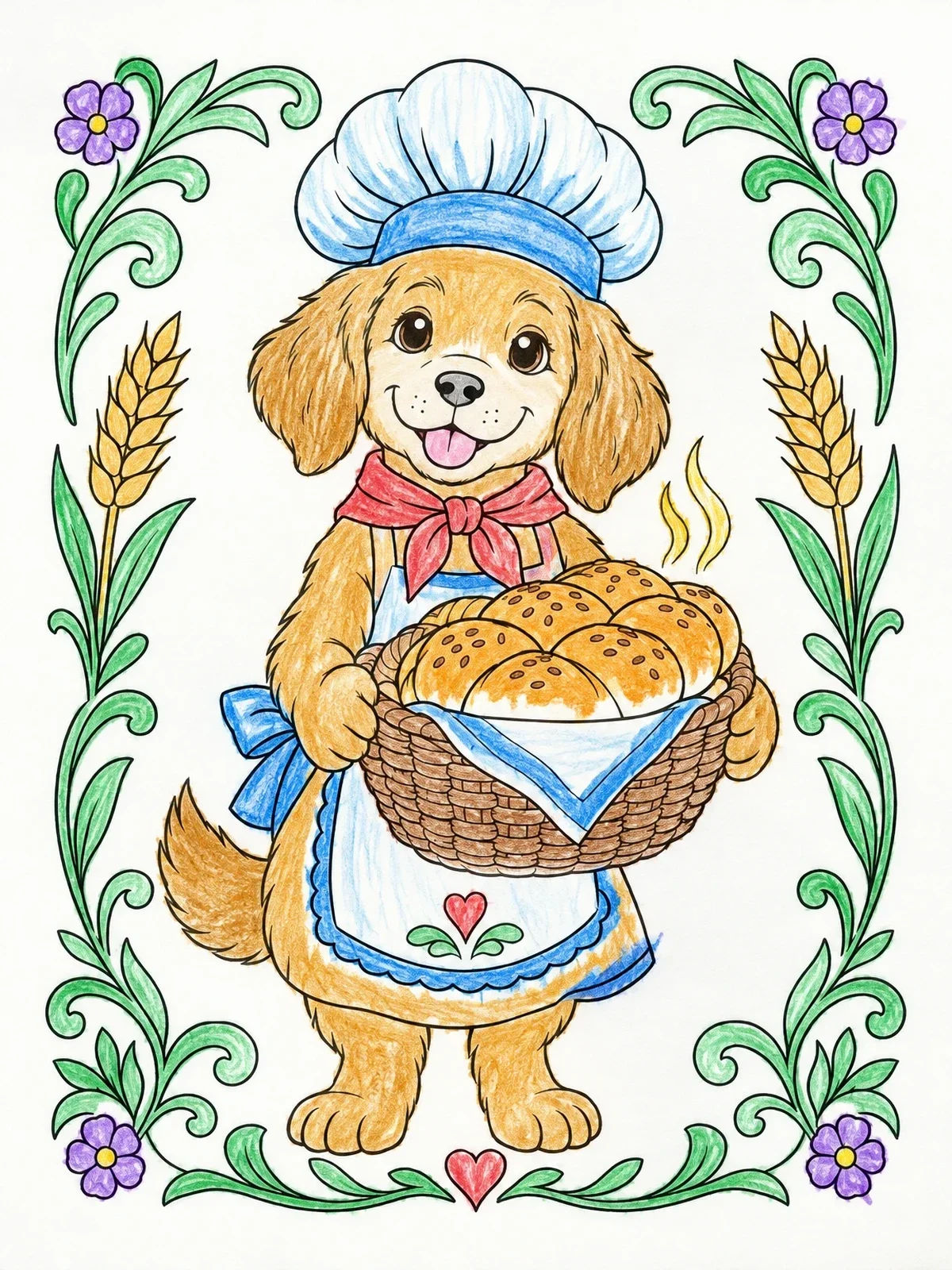 Colored example of the Puppy Baker Carrying Fresh Bread coloring page