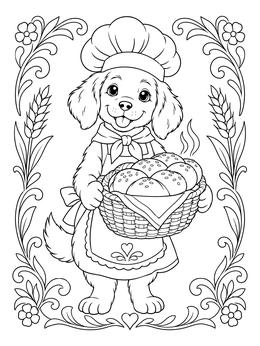 A cheerful puppy baker holds a basket of fresh rolls in this bakery coloring page.