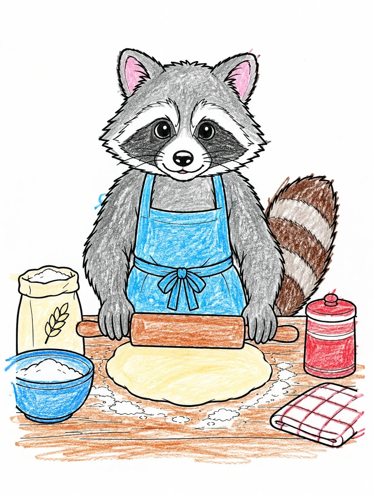 Colored example of the Raccoon Baker Rolling Dough coloring page