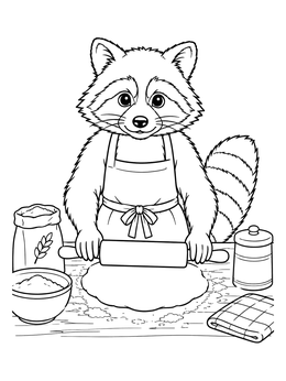 A cute raccoon baker rolling pastry dough in this bakery coloring page.