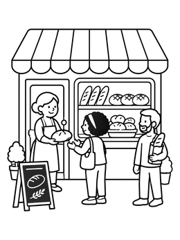 Free printable Cozy Bakery Storefront With Customers coloring page