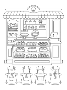 A detailed bakery counter and fold-tab aprons featured in this paper doll coloring page.