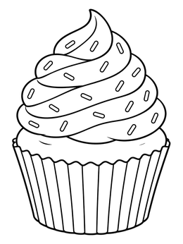 Delicious frosted cupcake with colorful sprinkles on this bakery coloring page.