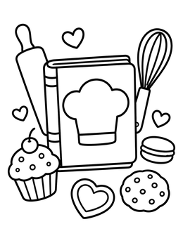 A simple cookbook coloring page with a cupcake, cookies, whisk, and rolling pin.
