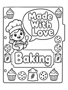 A cookbook coloring page designed as a baking binder divider with cupcakes, cookies, and a little chef.