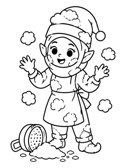 A cheerful elf coloring page showing a baker elf surrounded by flour puffs after dropping a sifter.