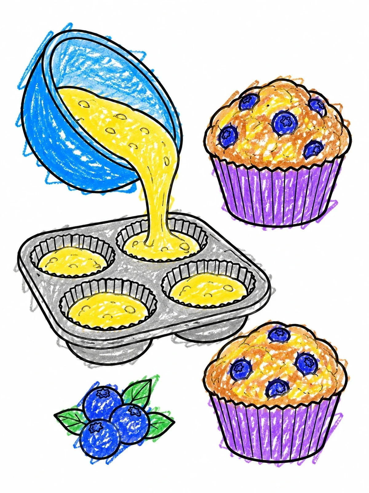 Colored example of the Baking Fresh Blueberry Muffins coloring page