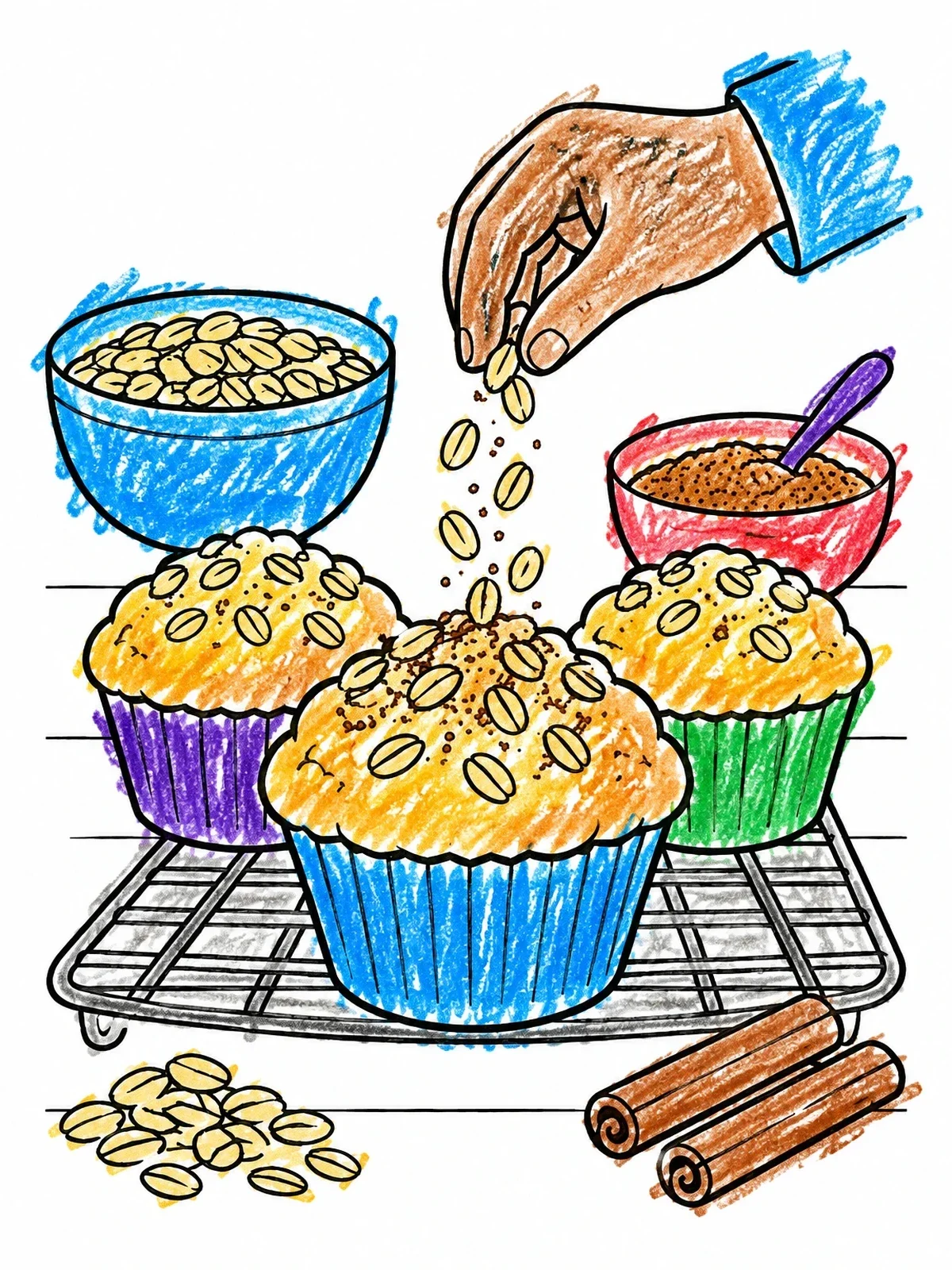 Colored example of the Baking Fresh Oat Muffins coloring page