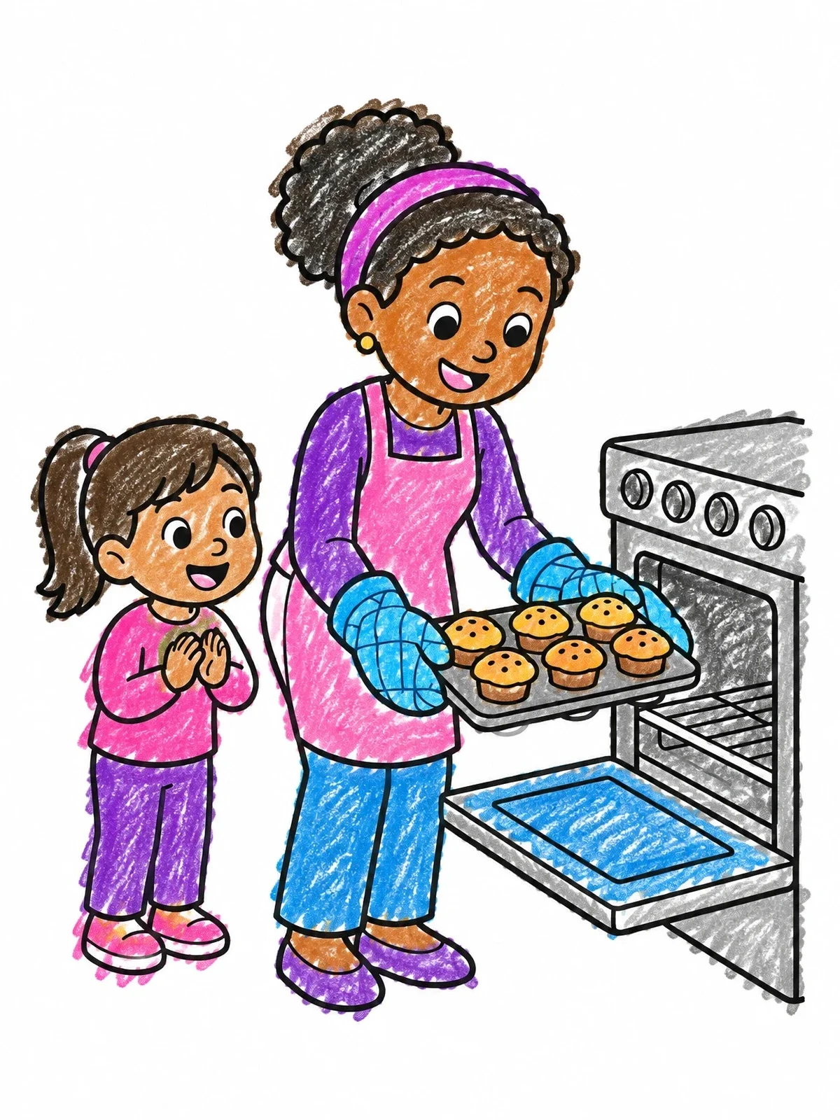 Colored example of the Baking Muffins With Mom coloring page
