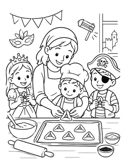 Free printable Family Baking Hamantaschen For Purim coloring page