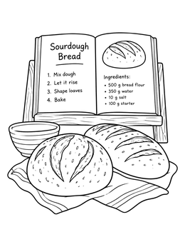 An open cookbook coloring page displayed on a stand beside freshly baked sourdough loaves.