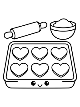A cheerful baking pan with heart cookies alongside a rolling pin in this heart coloring page.