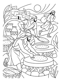 Men bake flatbreads on hot stones in this detailed passover coloring page.