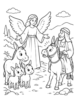 An angel and a traveler meet cute donkeys in this donkey coloring page.