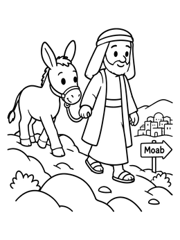 A friendly man leads his pet in this donkey coloring page along a scenic path.