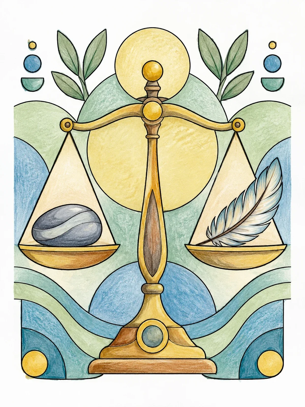 Colored example of the Balance Scale With Stone And Feather coloring page