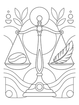 A balance scale holding a stone and feather in this mindfulness coloring page.