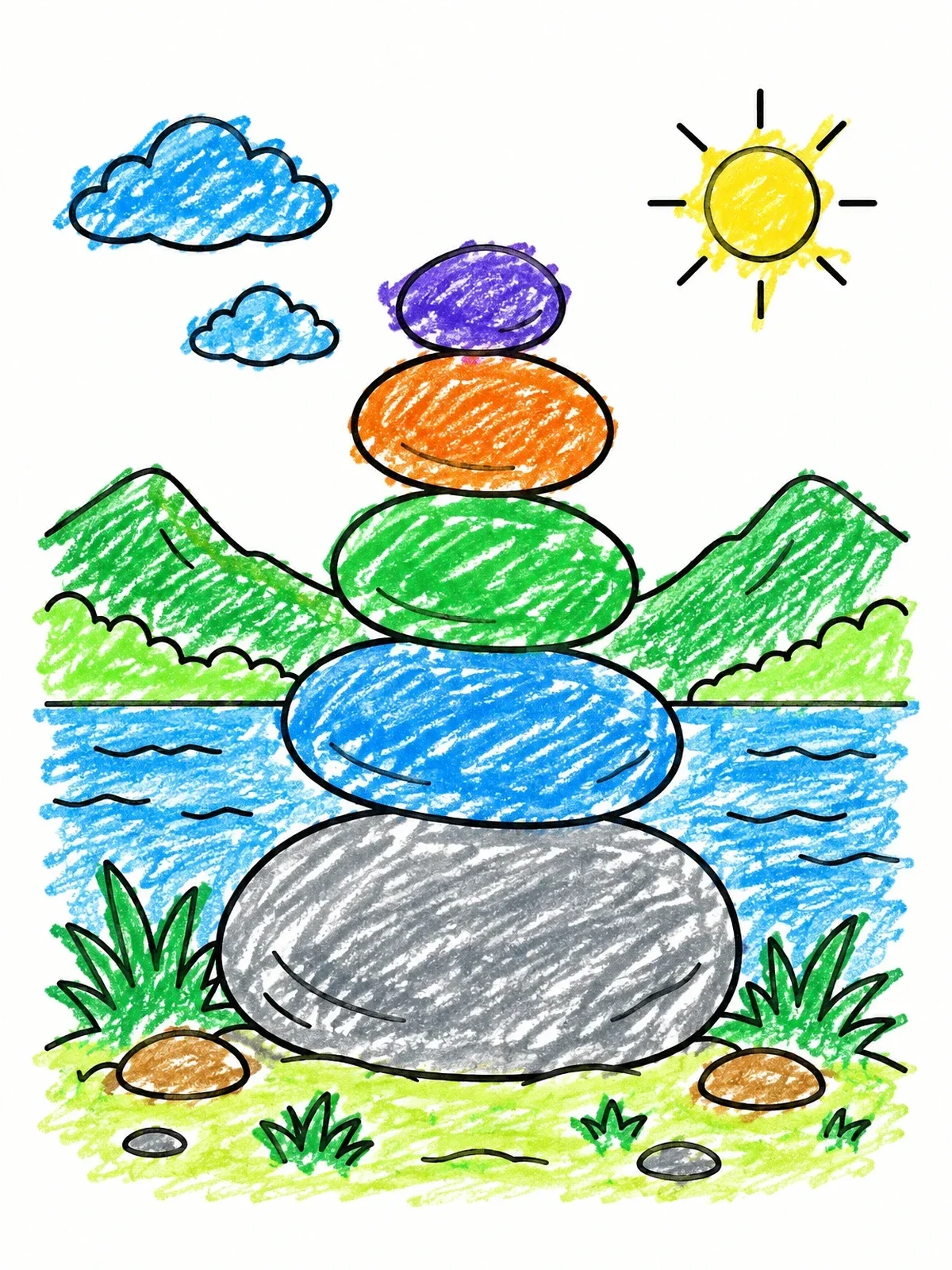 Colored example of the Balanced Stone Cairn By The Lake coloring page