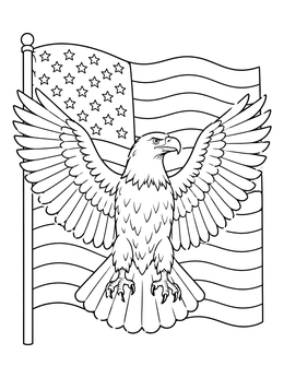 Majestic bald eagle coloring page with wings open against an American flag.