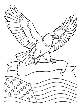 A soaring eagle carries a blank ribbon in this patriotic bald eagle coloring page above an American flag.