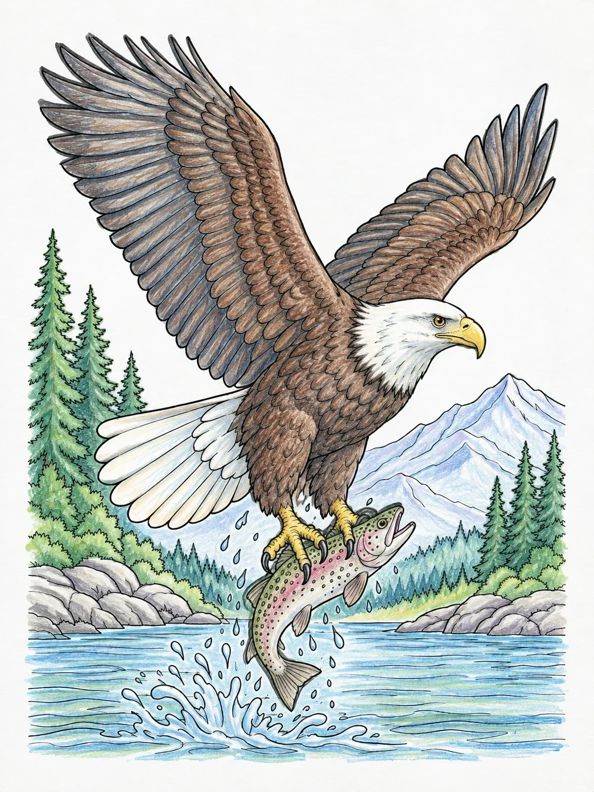 Colored example of the Bald Eagle Catching A Fish coloring page