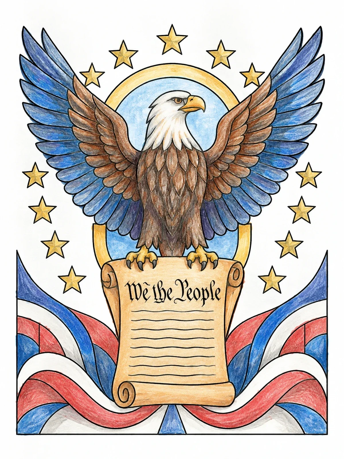 Colored example of the Bald Eagle And Constitution Scroll coloring page
