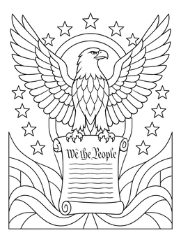 A proud bald eagle perches on a scroll in this constitution day coloring page.