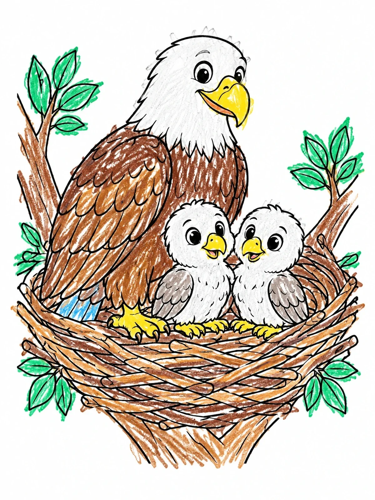 Colored example of the Bald Eagle Mother And Eaglets In Nest coloring page