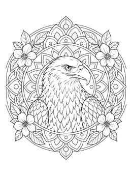A detailed bald eagle coloring page framed by a mandala pattern and blooming flowers.